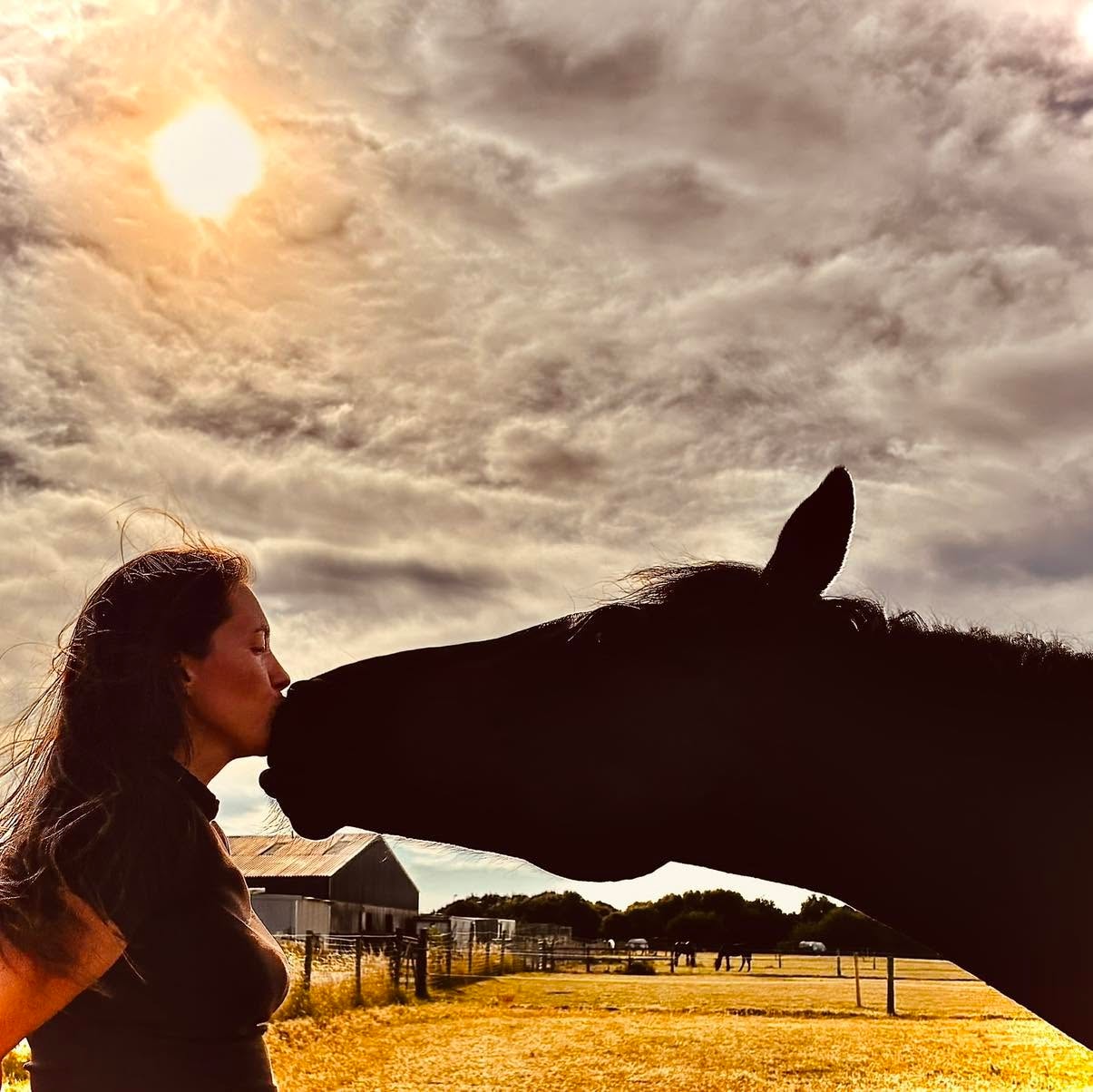 Woman with horse at golden hour